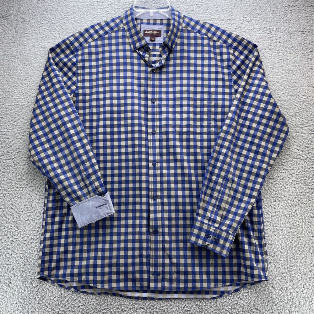 Johnston & Murphy Shirt Mens XL Blue Check Plaid Long Sleeve Pocket Button Down